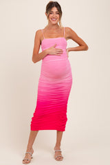 Pink Mesh Ombre Ruched Maternity Midi Dress