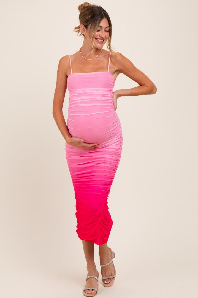 Pink Mesh Ombre Ruched Maternity Midi Dress