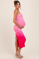 Pink Mesh Ombre Ruched Maternity Midi Dress