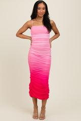 Pink Mesh Ombre Ruched Midi Dress