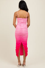 Pink Mesh Ombre Ruched Midi Dress
