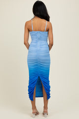 Blue Mesh Ombre Ruched Midi Dress