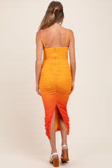 Orange Mesh Ombre Ruched Maternity Midi Dress