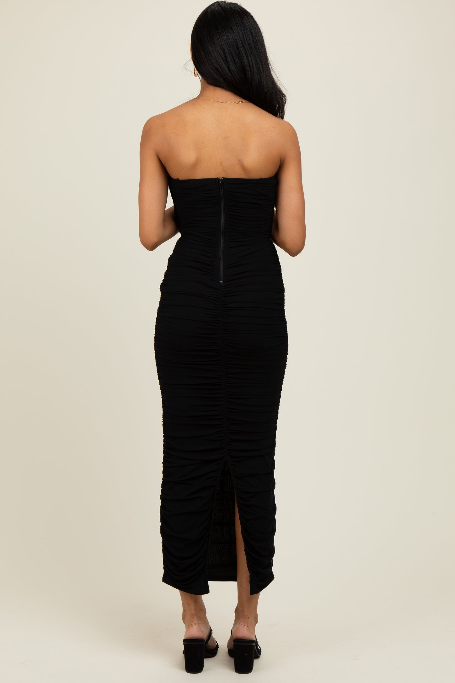Black Mesh Strapless Ruched Maternity Dress