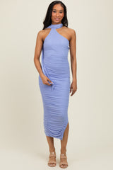 Periwinkle Mesh Draped Scarf Ruched Midi Dress