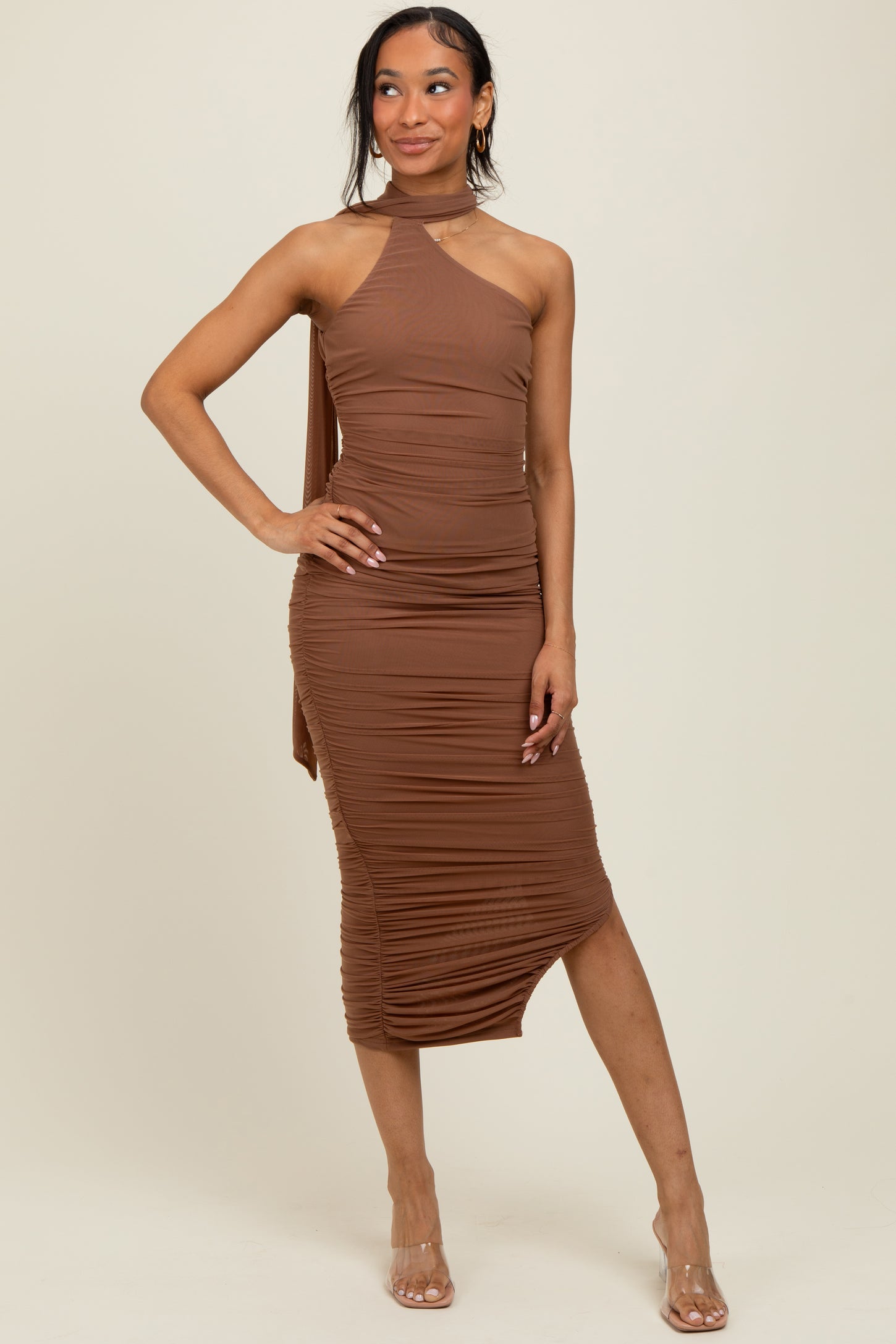 Mocha Mesh Draped Scarf Ruched Midi Dress