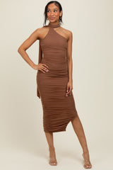 Mocha Mesh Draped Scarf Ruched Midi Dress