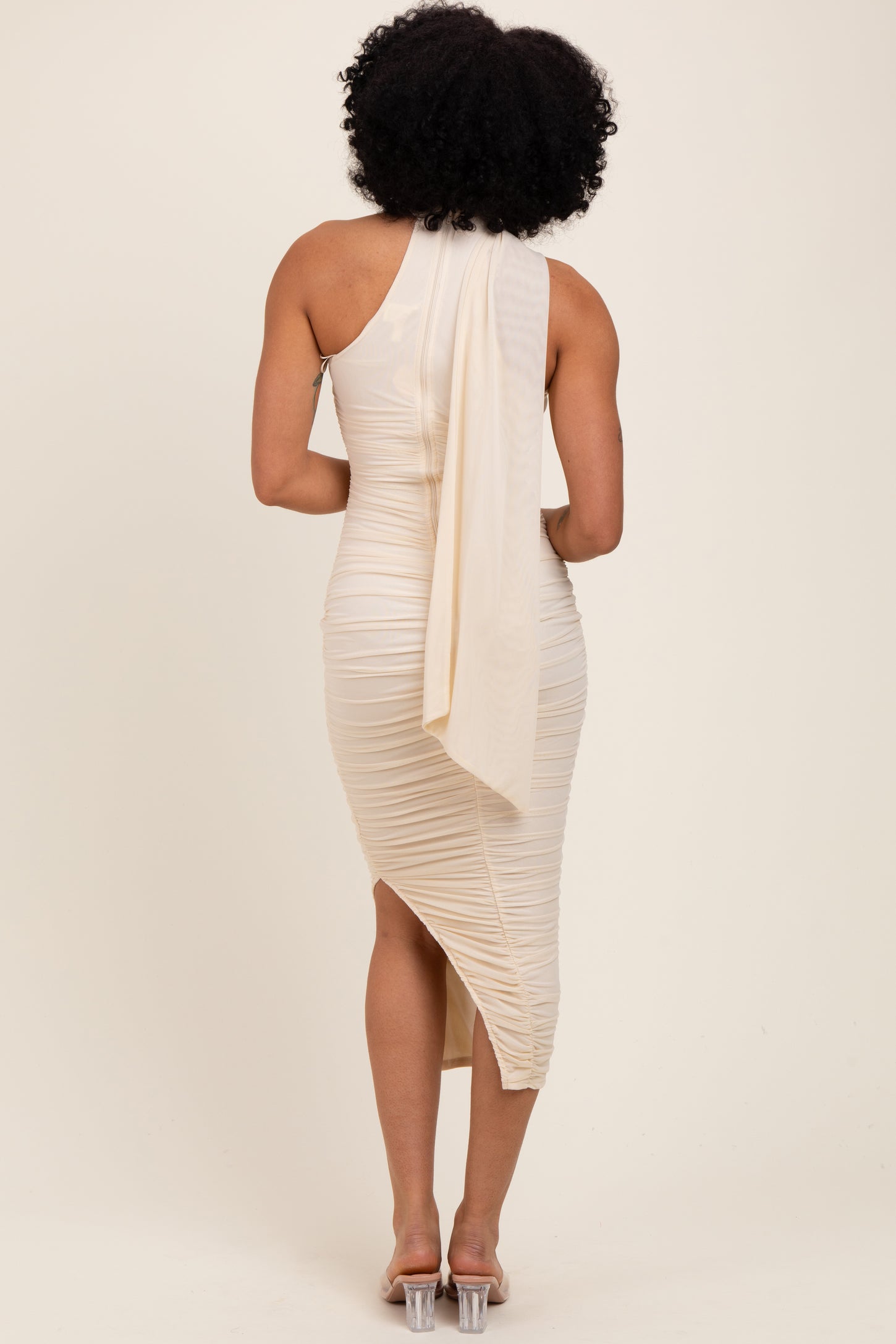 Ivory Mesh Draped Scarf Ruched Midi Dress