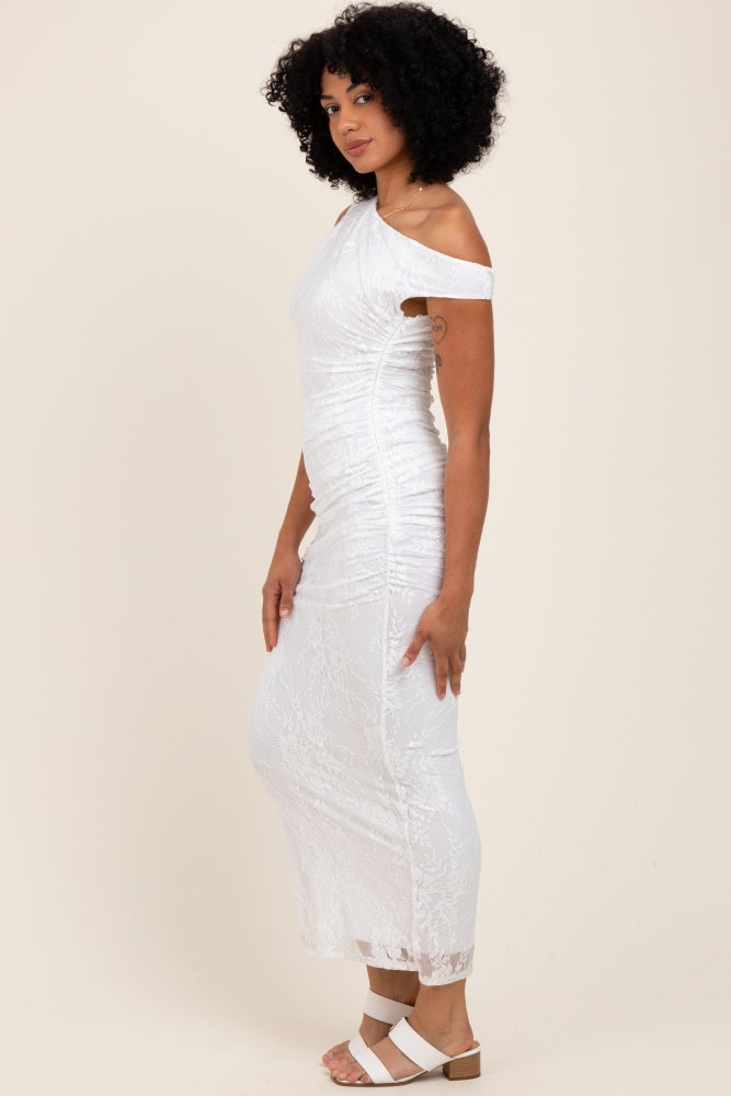 White Lace Asymmetrical Ruched Maxi Dress