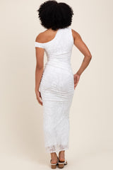 White Lace Asymmetrical Ruched Maxi Dress
