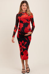 Red Floral Print Mesh Long Sleeve Maternity Maxi Dress