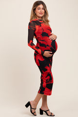 Red Floral Print Mesh Long Sleeve Maternity Maxi Dress