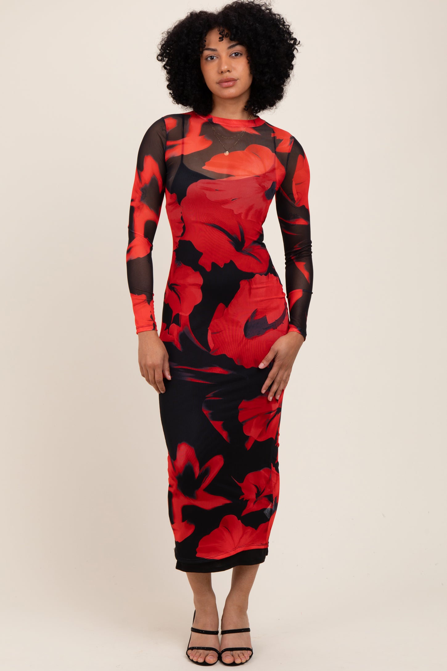 Red Floral Print Mesh Long Sleeve Maternity Maxi Dress
