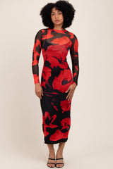 Red Floral Print Mesh Long Sleeve Maxi Dress