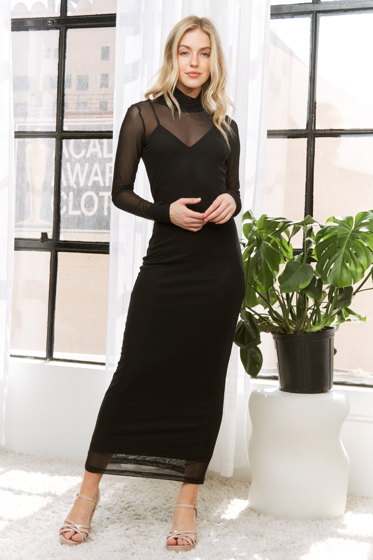 Black Mesh Overlay Long Sleeve Maternity Maxi Dress