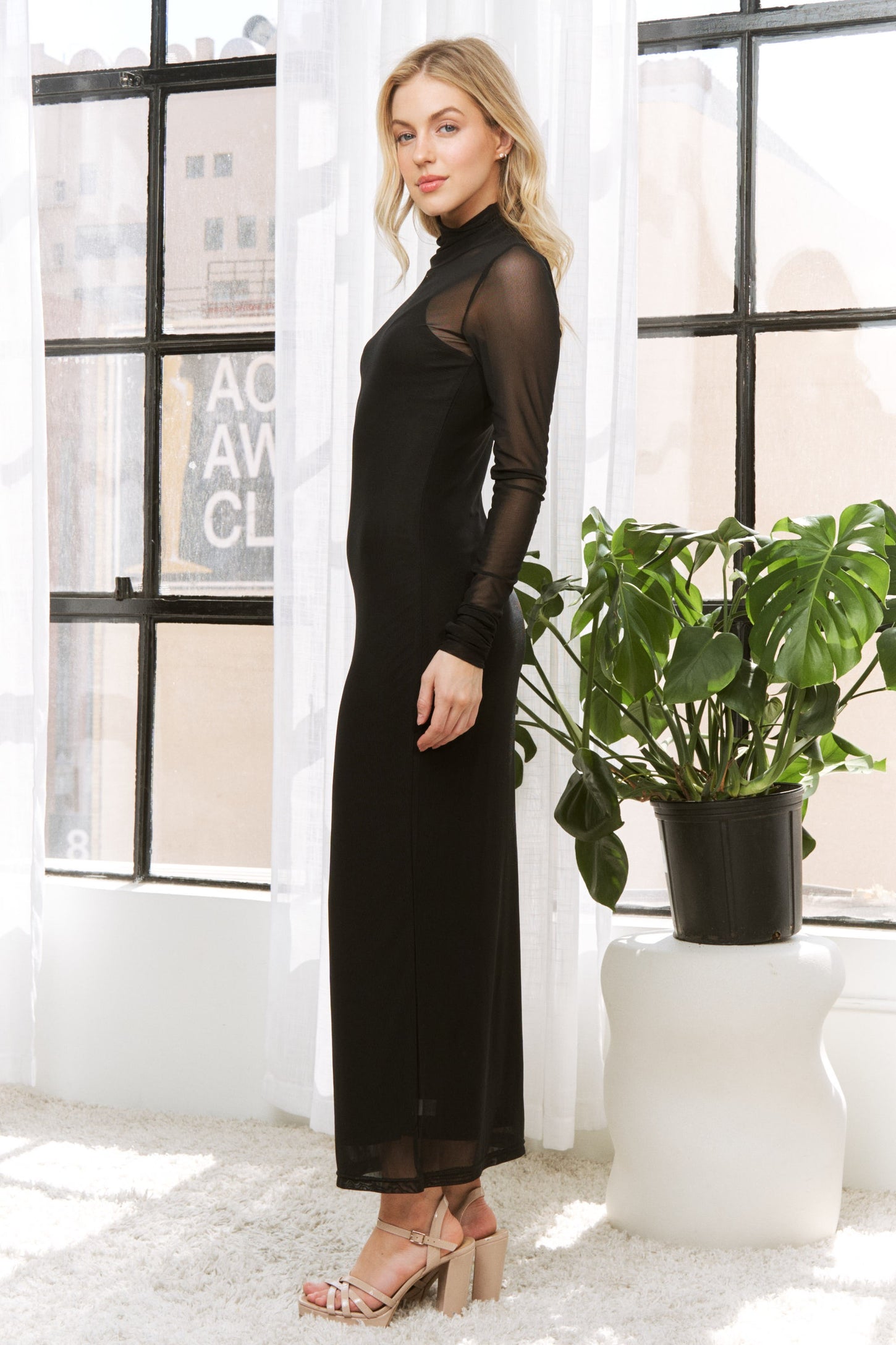 Black Mesh Overlay Long Sleeve Maxi Dress