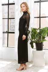 Black Mesh Overlay Long Sleeve Maxi Dress