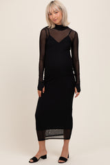 Black Mesh Overlay Long Sleeve Maternity Maxi Dress