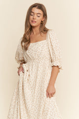 Beige Floral Print Square Neckline Maxi Dress
