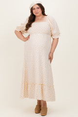 Beige Floral Print Square Neckline Plus Maternity Maxi Dress