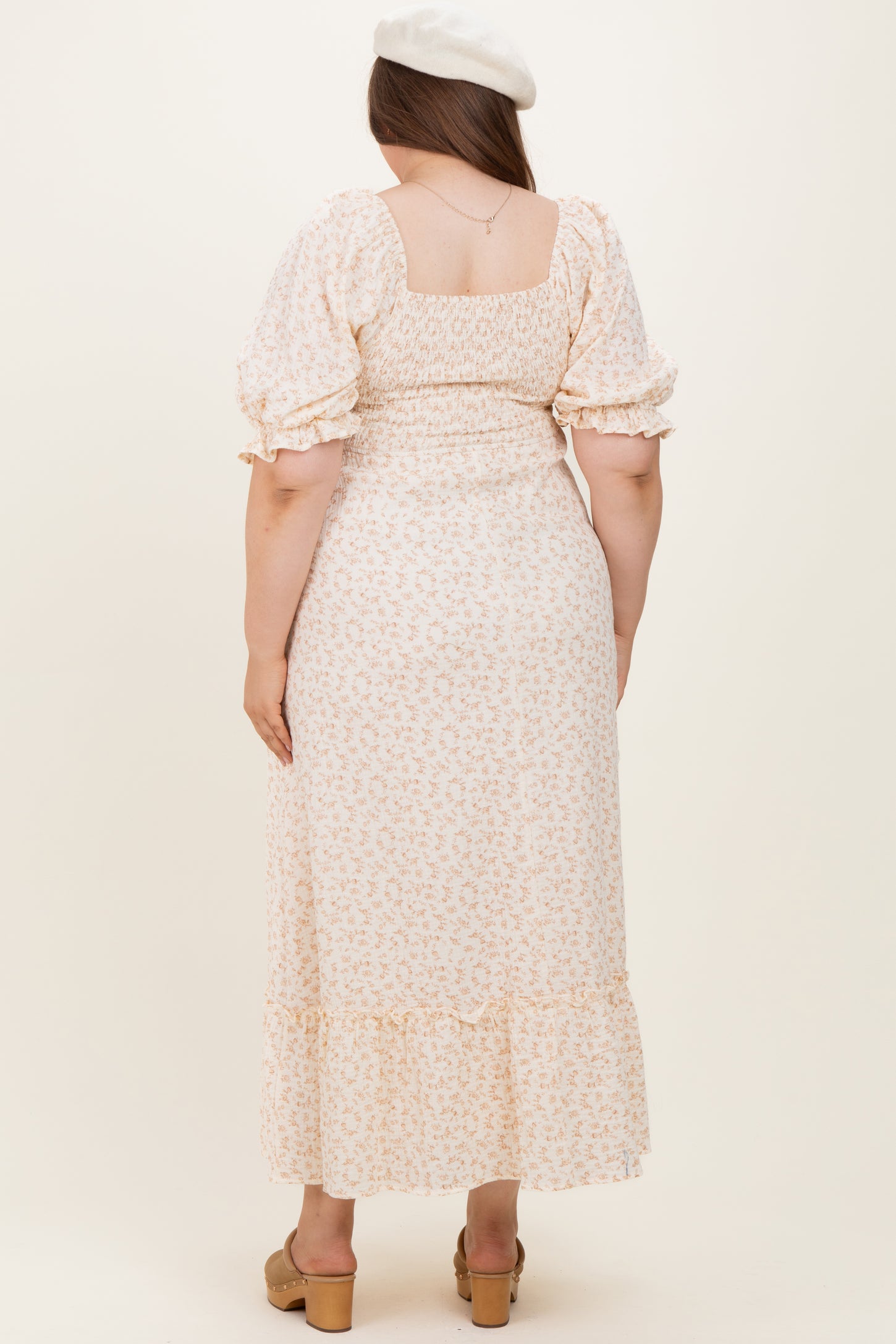 Beige Floral Print Square Neckline Plus Maternity Maxi Dress