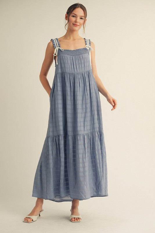 Blue Bow Tie Accent Tiered Maxi Dress