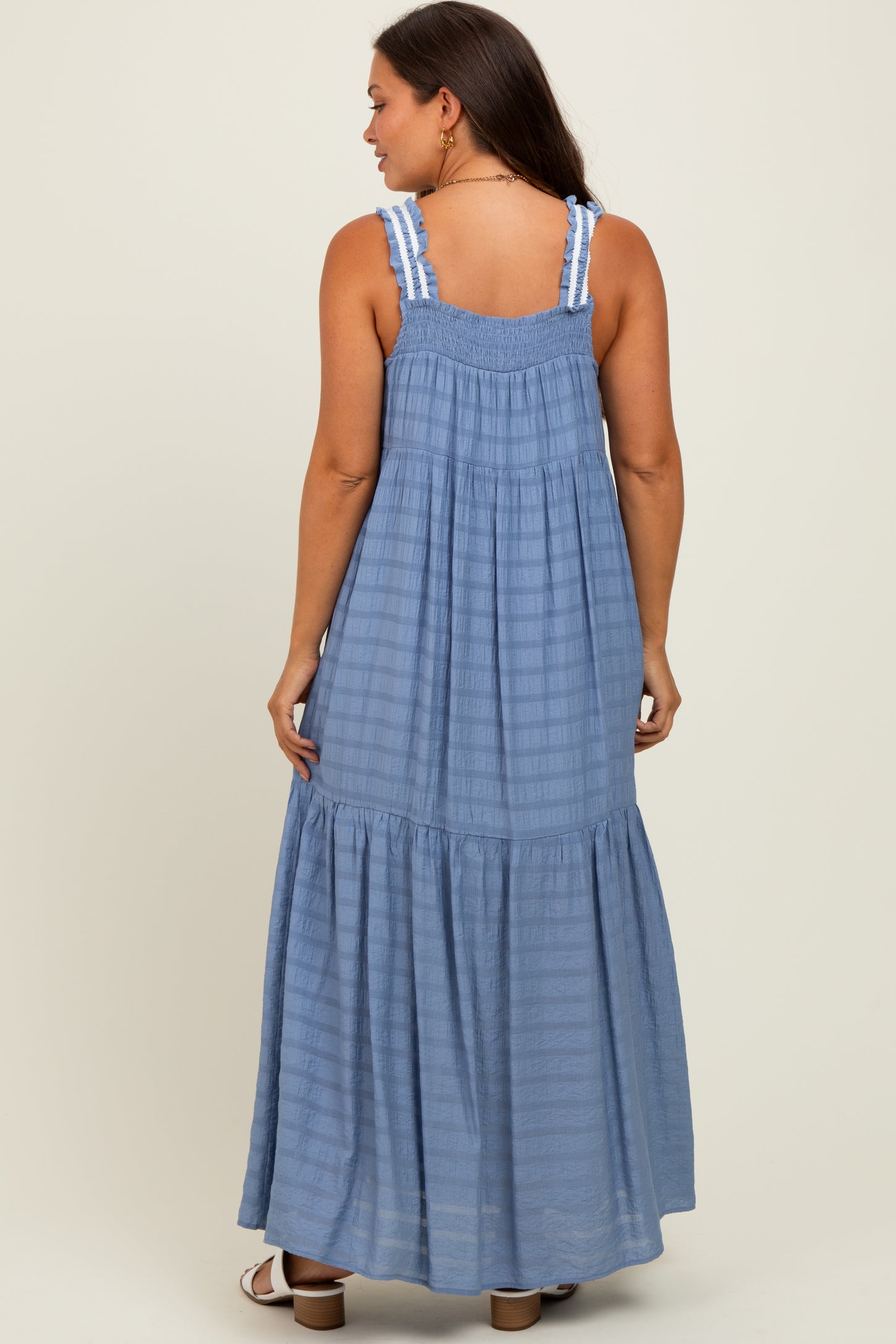 Blue Bow Tie Accent Tiered Maternity Maxi Dress