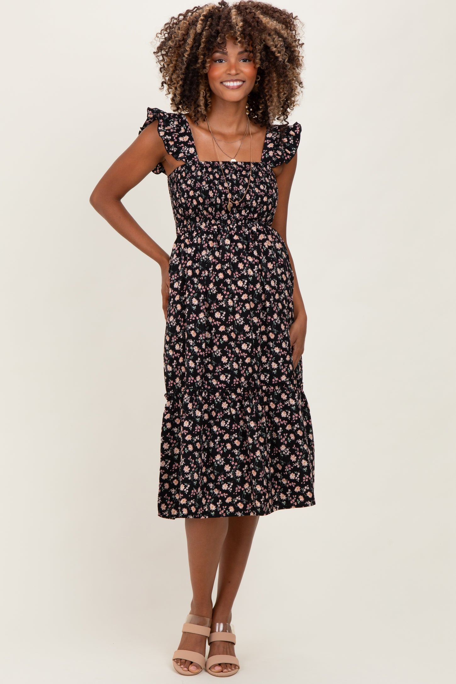 Black Floral Smocked Ruffle Strap Maternity Midi Dress