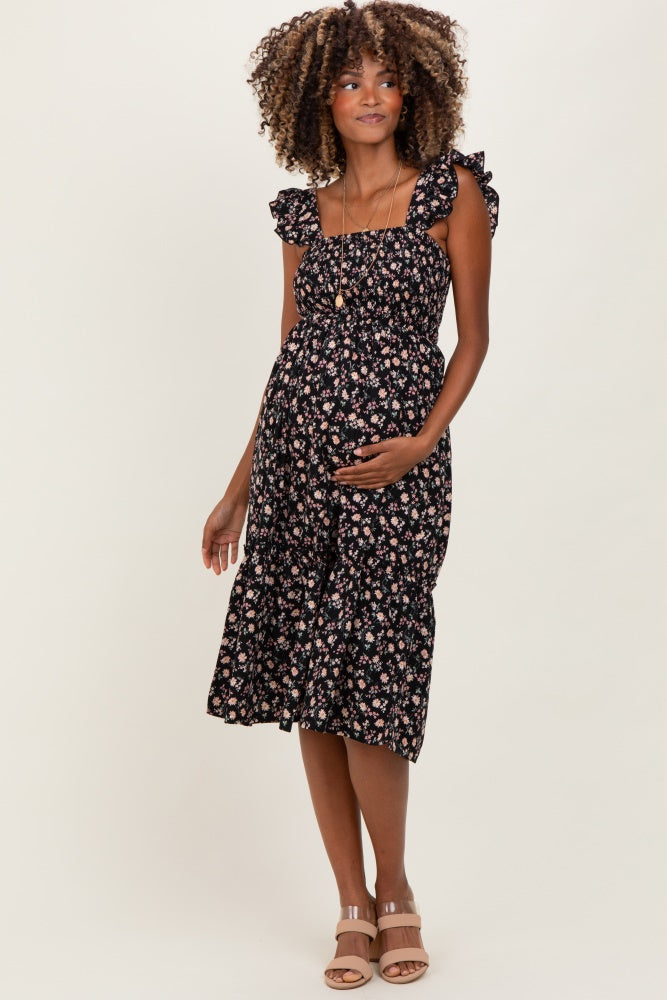 Black Floral Smocked Ruffle Strap Maternity Midi Dress