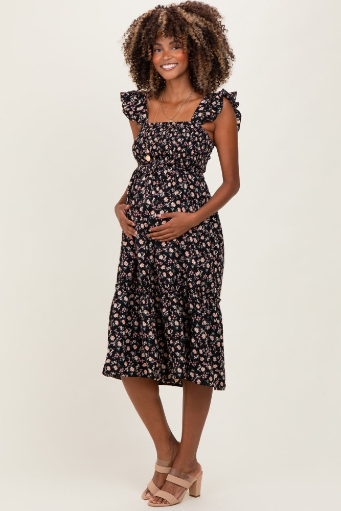 Black Floral Smocked Ruffle Strap Maternity Midi Dress