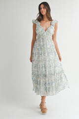 Blue Floral V-Neck Ruffle Strap Tiered Midi Dress