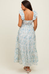 Blue Floral V-Neck Ruffle Strap Tiered Maternity Midi Dress
