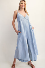 Light Blue Chambray V-Neck Sleeveless Wide Leg Jumpsuit