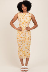 Yellow Printed Ruched Sleeveless Midi Dress
