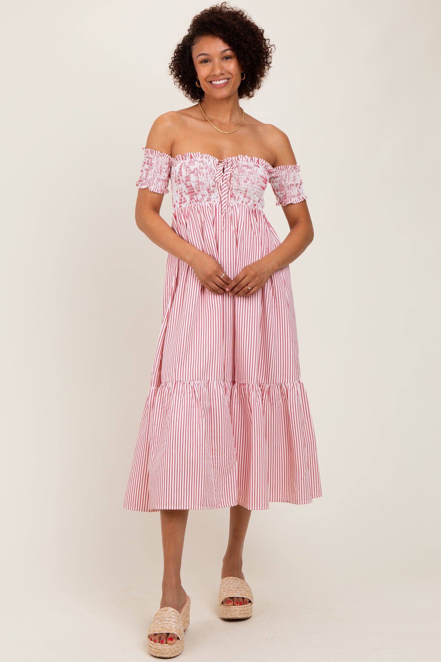 Red Striped Floral Colorblock Off Shoulder Maternity Midi Dress