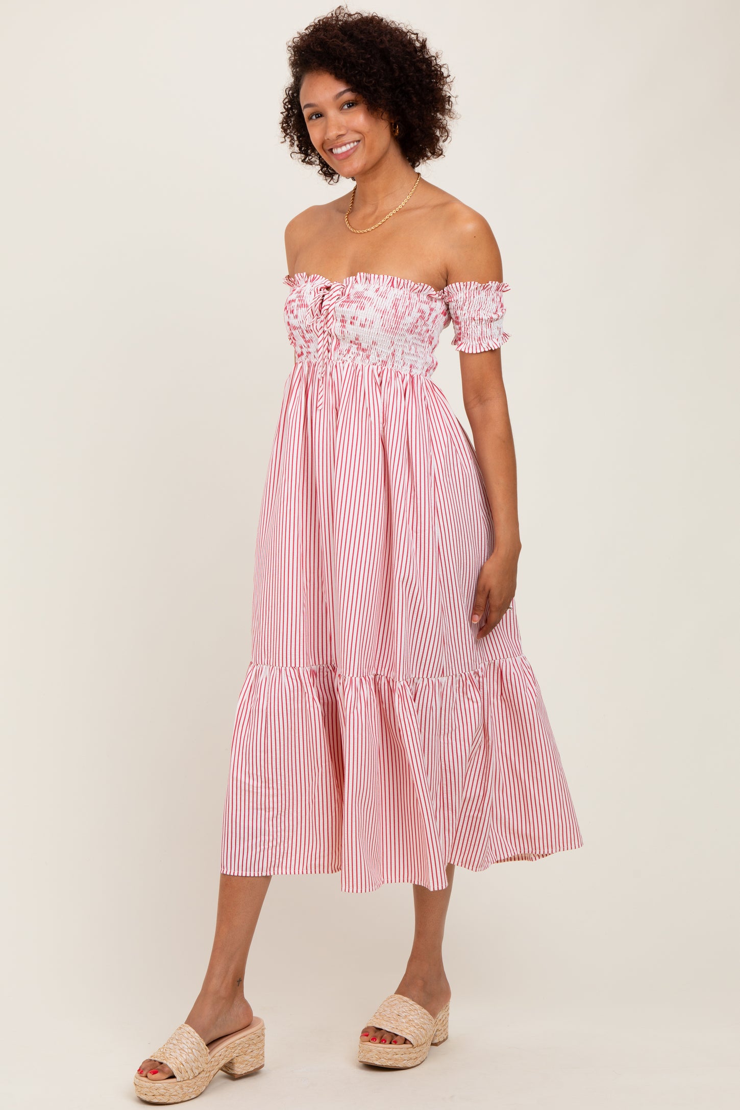 Red Striped Floral Colorblock Off Shoulder Midi Dress