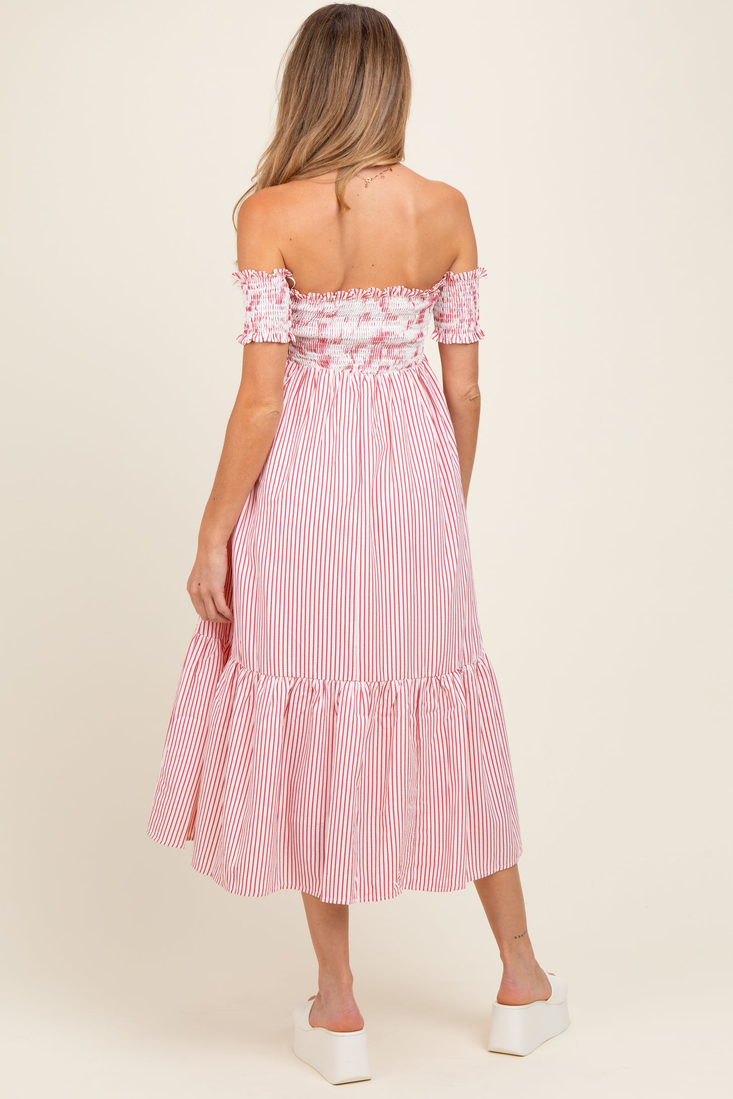 Red Striped Floral Colorblock Off Shoulder Maternity Midi Dress