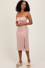 Red Printed Shoulder Tie Midi Dress