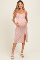 Red Printed Shoulder Tie Maternity Midi Dress