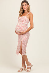Red Printed Shoulder Tie Maternity Midi Dress