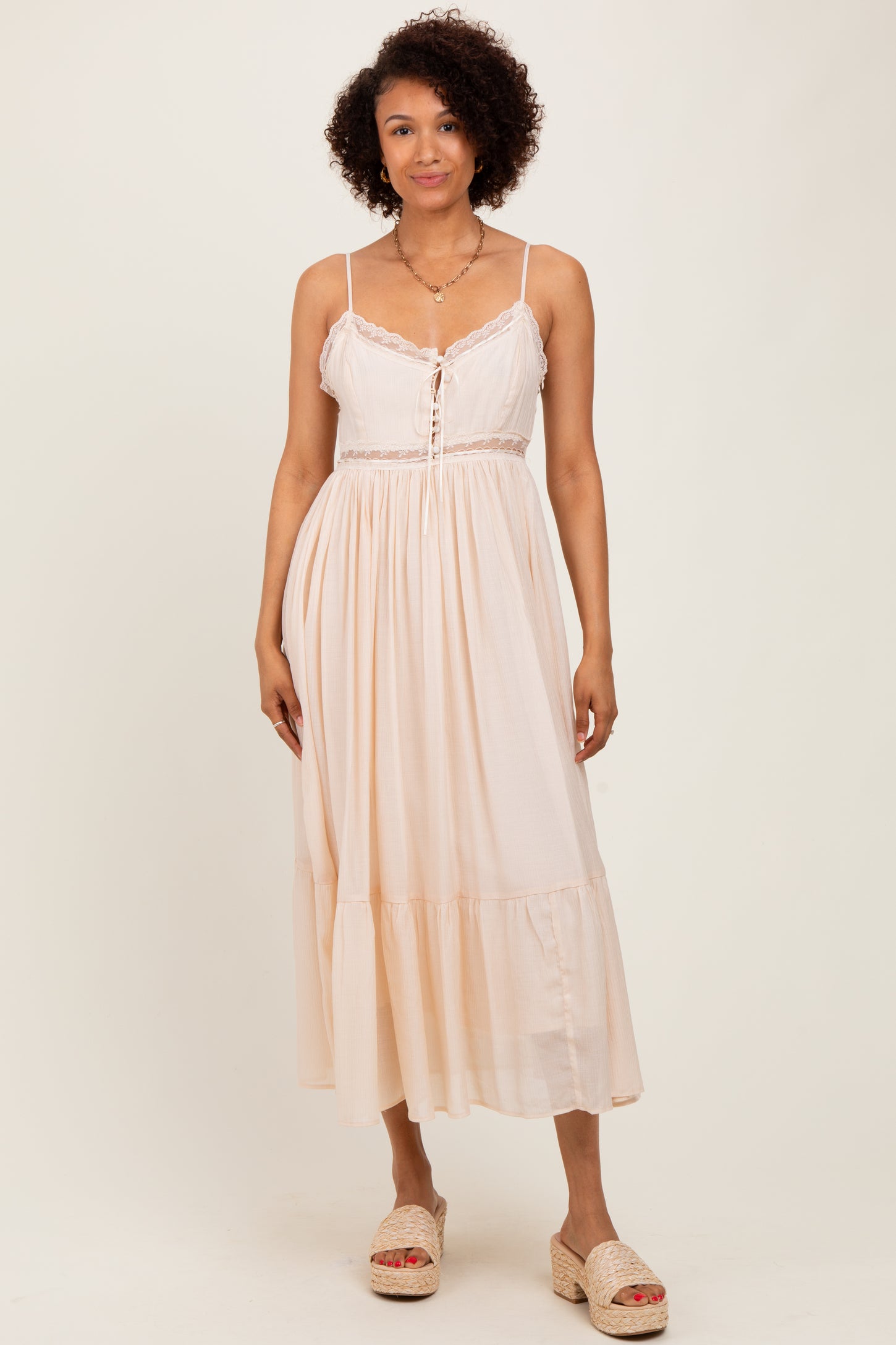Cream Lace Detail Button Front Sleeveless Midi Dress