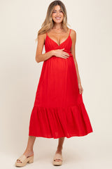 Red Ruffle Accent Sleeveless Maternity Midi Dress