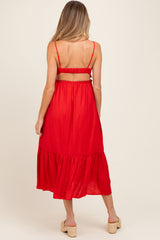Red Ruffle Accent Sleeveless Maternity Midi Dress