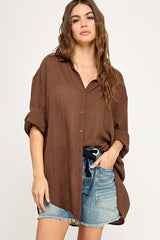 Light Brown Lightweight Sheer Button Down Blouse