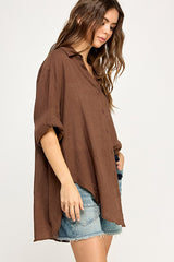 Light Brown Lightweight Sheer Button Down Blouse