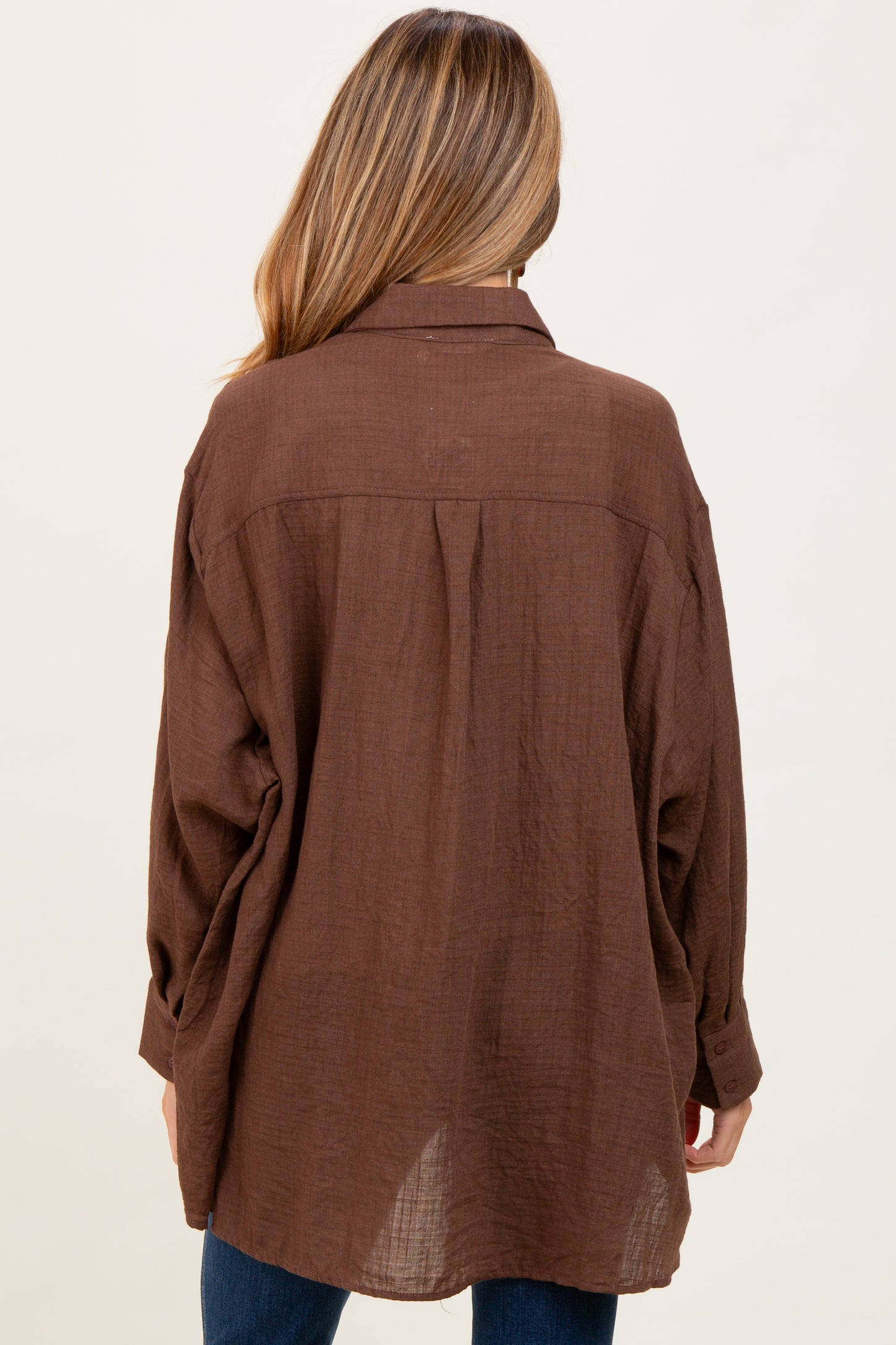 Light Brown Lightweight Sheer Button Down Maternity Blouse
