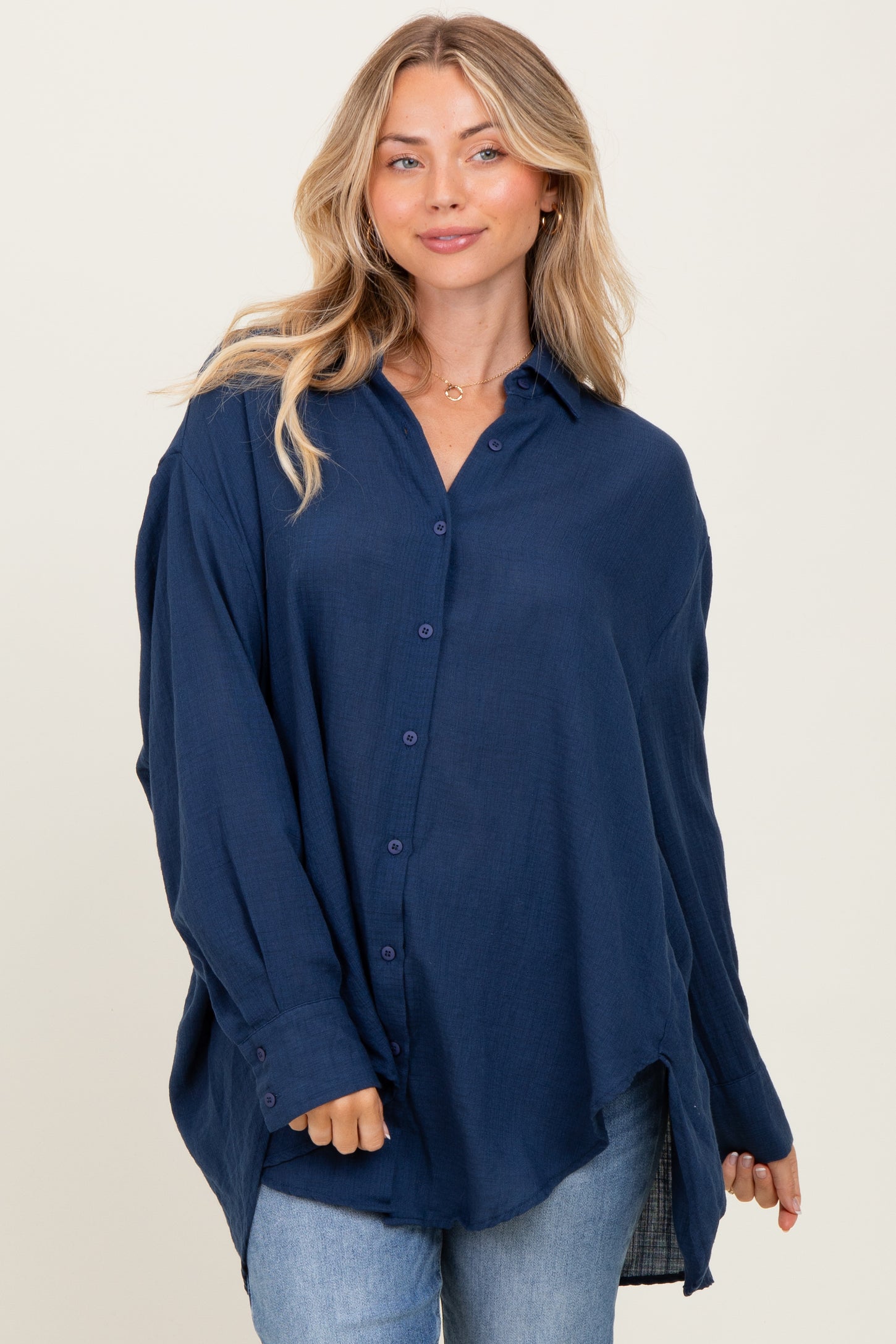 Navy Lightweight Sheer Button Down Maternity Blouse