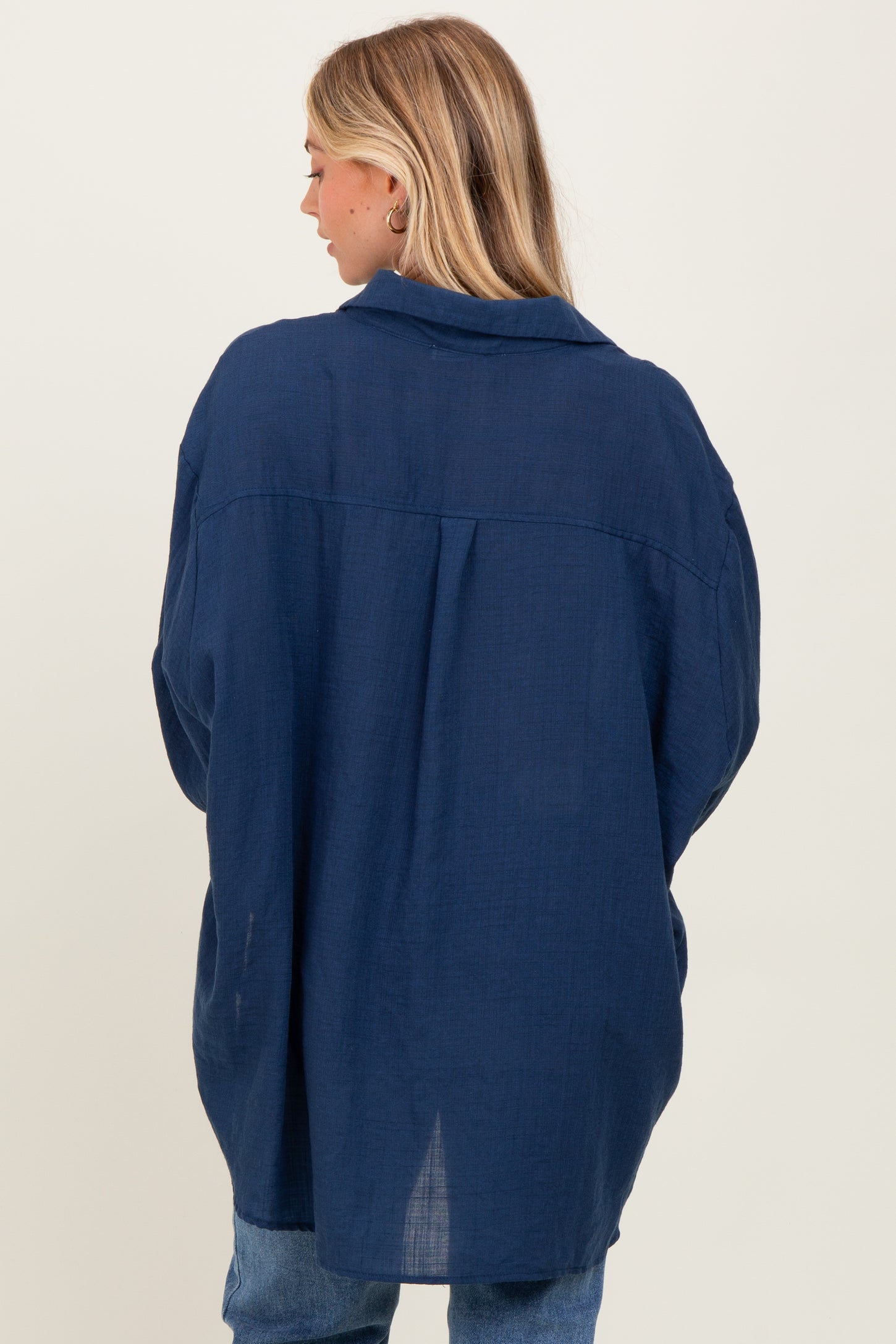 Navy Lightweight Sheer Button Down Blouse