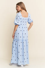 Light Blue Floral Smocked Puff Sleeve Maxi Dress