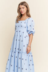 Light Blue Floral Smocked Puff Sleeve Maxi Dress